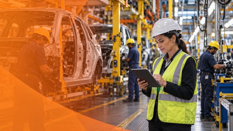 Ingeniera-supervisando-línea-de-ensamblaje-automotriz